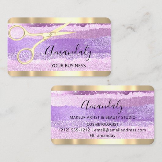 Hairdresser Stylist Coiffeur Scissors Gold Paars Visitekaartje (Voorkant / Achterkant)