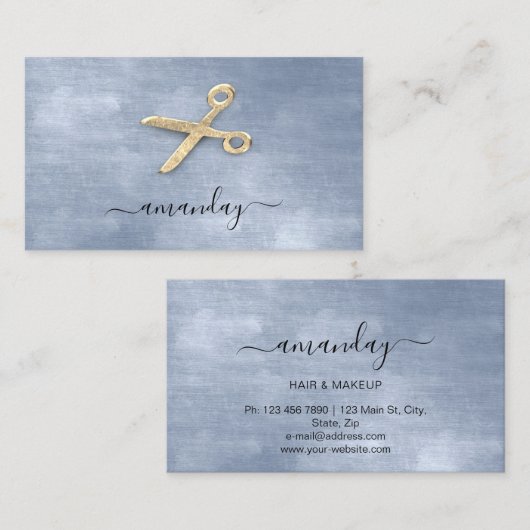 Hairdresser Stylist Golden Scissors Blue Visitekaartje (Voorkant / Achterkant)