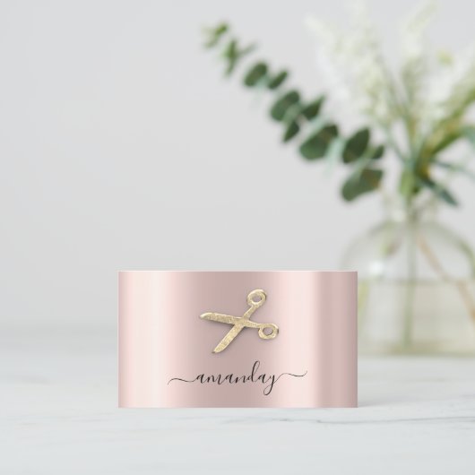 Hairdresser Stylist Golden Scissors Roos Blush Visitekaartje (Staand voorkant)