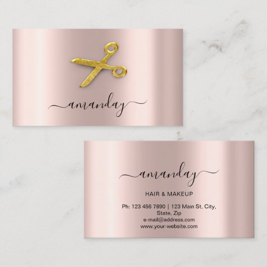 Hairdresser Stylist Golden Scissors Roos Powder Visitekaartje (Voorkant / Achterkant)