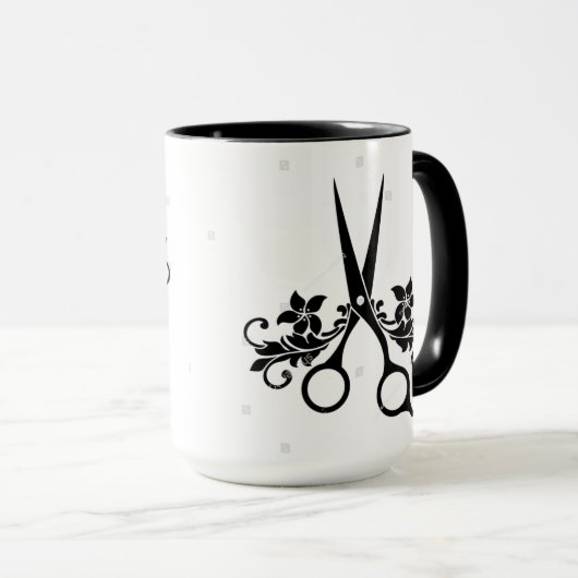 Hairdressers Coffee-Mok met zwarte schaar/vloer Mok (Voorkant rechts)