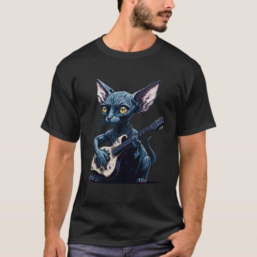 Hairless Sphynx Cat playing guitar T-shirt (Voorkant)