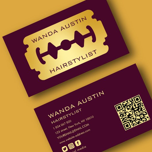 Hairstylist Razor Blade Burgundy And Gold Qr Code  Visitekaartje