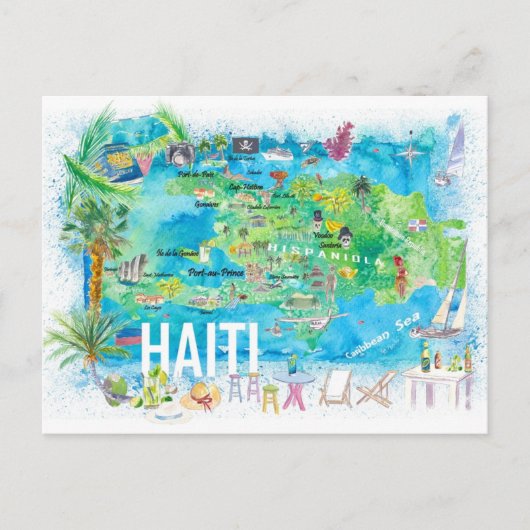 Haïti geïllustreerd eilandreiskaart met wegen briefkaart (Voorkant)