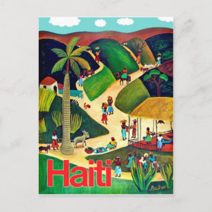Haïti, inheemse mensen in tropisch dorp, vintage briefkaart