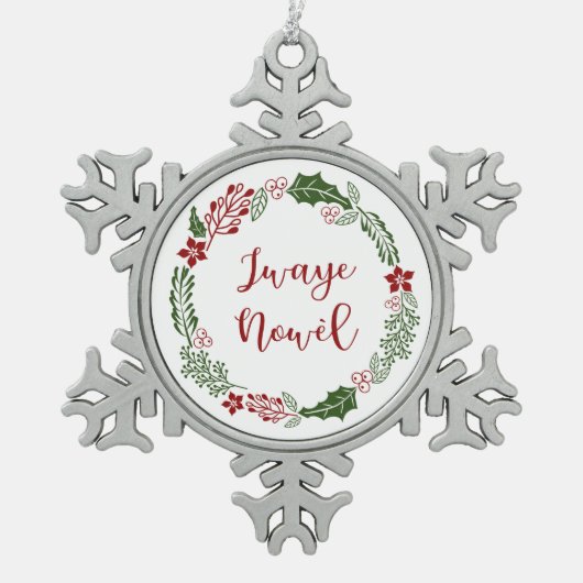 Haitian Creole Merry Kerstmis Wreath Jwaye Nowèl Tin Sneeuwvlok Ornament (Voorkant)