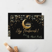 Hajj Mubarak met zwart met goud en groene bladeren Notitiekaartje (Voorkant / Achterkant in situ)