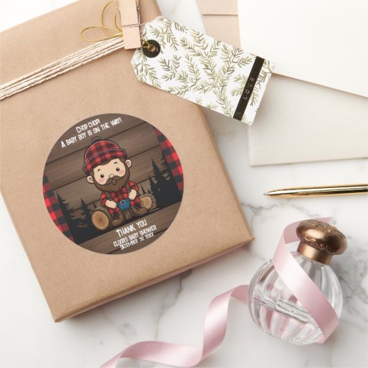 Hak Chop! Rustic Lumberjack Flannel Baby shower Ronde Sticker (Geschenken)