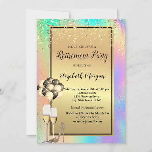 hakken, glas, ballonnen, holografische pensionerin kaart (Voorkant)