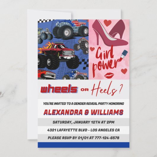 Hakken of wielen onthullen genderuitnodiging roze kaart (Voorkant)