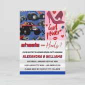 Hakken of wielen onthullen genderuitnodiging roze kaart (Staand voorkant)