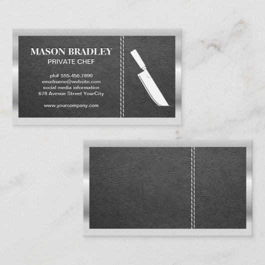 Hakkmes | Leer gestikt | Metalen rand Visitekaartje (Voorkant / Achterkant)