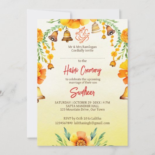 Haldi goudsbloemen en klokken Indiase bruiloft sja Kaart (Voorkant)