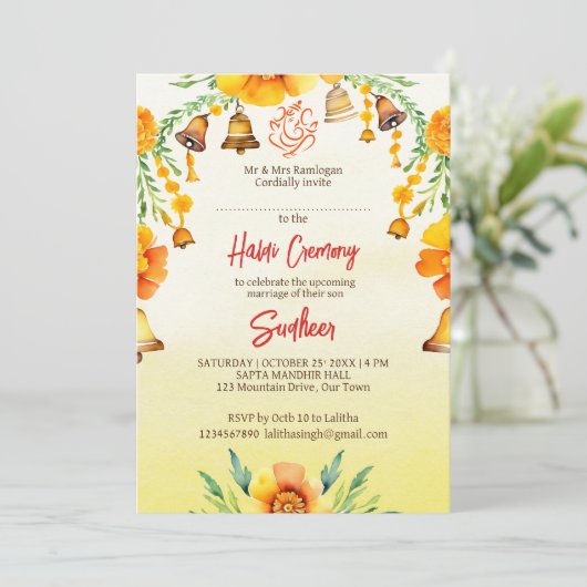 Haldi goudsbloemen en klokken Indiase bruiloft sja Kaart (Staand voorkant)