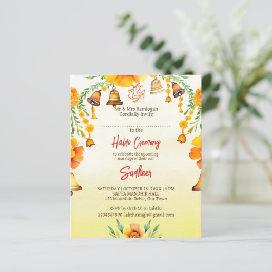 Haldi goudsbloemen klokken Indiase bruiloft budget (Staand voorkant)