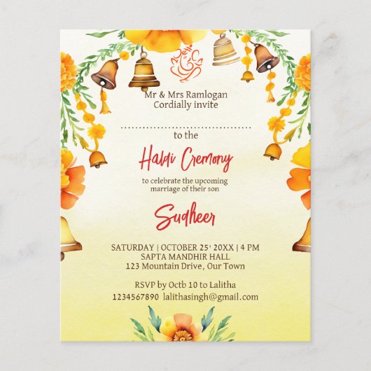 Haldi goudsbloemen klokken Indiase bruiloft budget (Voorkant)