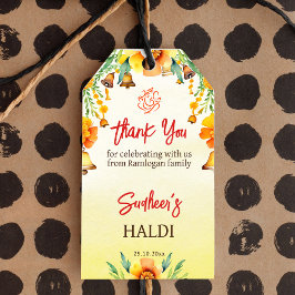 Haldi goudsbloemen klokken Indiase bruiloft dank u Cadeaulabel