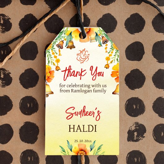 Haldi goudsbloemen klokken Indiase bruiloft dank u Cadeaulabel