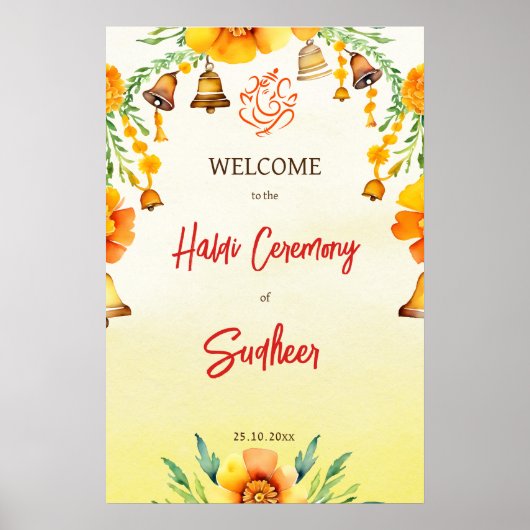 Haldi goudsbloemen klokken Indiase bruiloft welkom Poster (Voorkant)