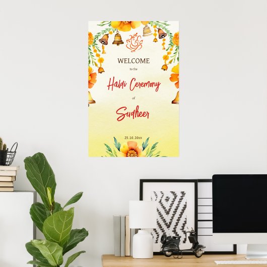 Haldi goudsbloemen klokken Indiase bruiloft welkom Poster (Thuiskantoor)