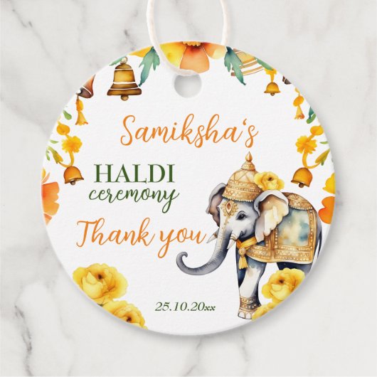 Haldi Indiase bruiloft olifant gele bloemen gunst Bedankjes Labels (Voorkant)