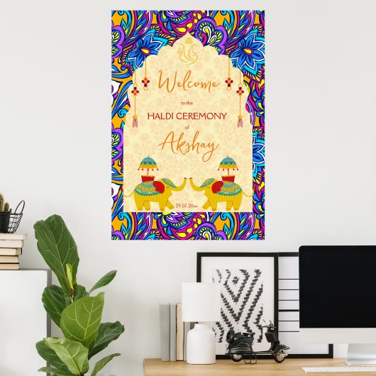 Haldi Indiase bruiloft olifanten blauw welkomstbor Poster (Thuiskantoor)