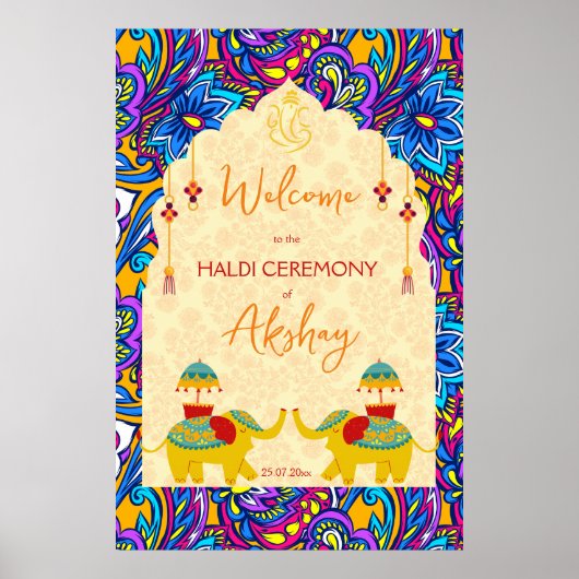 Haldi Indiase bruiloft olifanten blauw welkomstbor Poster (Voorkant)