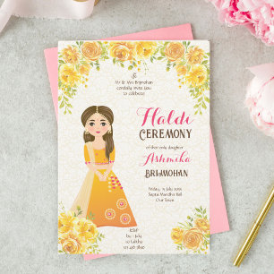 Haldi Invitation met een schattig meisje gele roze Kaart