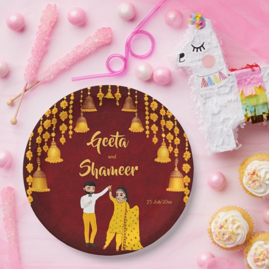 Haldi Mehndi Sangeet Indiase bruiloft kastanjebrui Papieren Bordje (Feest)