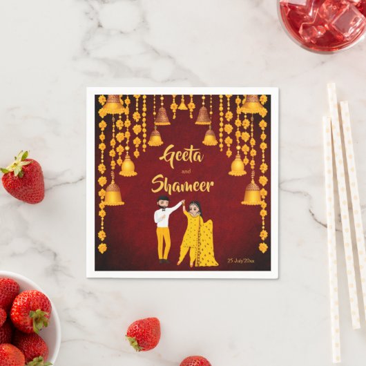 Haldi Mehndi Sangeet Indiase trouw maroon geel Servet (Insitu)