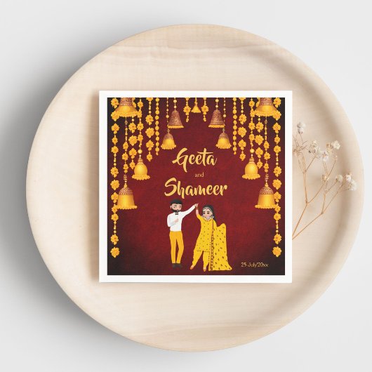 Haldi Mehndi Sangeet Indiase trouw maroon geel Servet