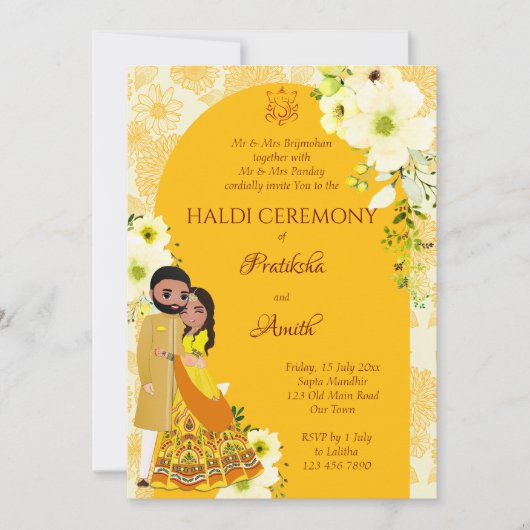 Haldi nodigt gele bloemen uit om Indische bruid te Kaart (Voorkant)