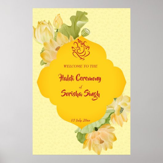 Haldi pithi gele lotus bloemen welkom teken poster (Voorkant)