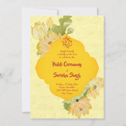 Haldi pithi gele lotusbloemen nodigen sjabloon uit kaart (Voorkant)