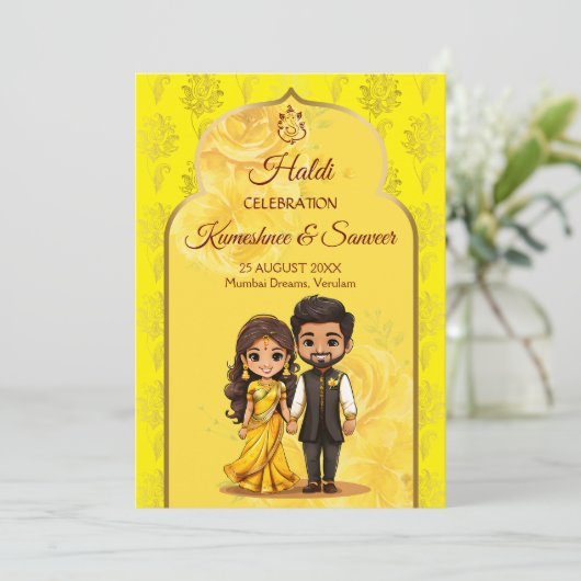 Haldi Sanget schattig Indiase bruidspaar cartoon Kaart (Staand voorkant)
