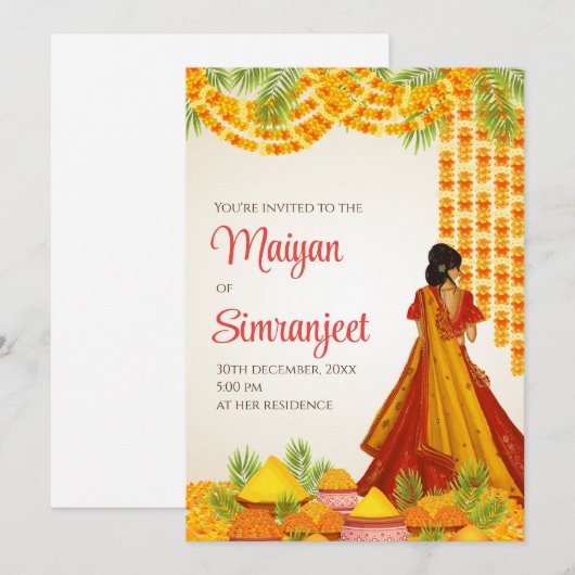 Haldi uitnodigingen & Pithi nodigt Maiyan uit (Voorkant / Achterkant)