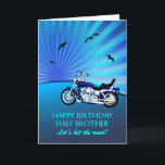 Half Brother Birthday Motorbike Kaart<br><div class="desc">Fijne verjaardag een halve broerkaart met een motor. Een perfecte kaart voor een fietser. Een blauwe motorfiets met een gestileerde zonsondergang en vliegende vogels. Elke fietsenliefhebber zal graag zo'n kaart krijgen.</div>