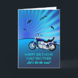 Half Brother Birthday Motorbike Kaart<br><div class="desc">Fijne verjaardag een halve broerkaart met een motor. Een perfecte kaart voor een fietser. Een blauwe motorfiets met een gestileerde zonsondergang en vliegende vogels. Elke fietsenliefhebber zal graag zo'n kaart krijgen.</div>