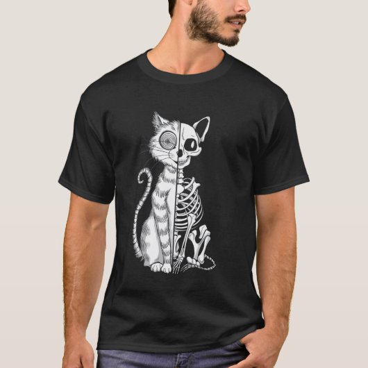Half kat, half skelet Halloween-illustratie T-shirt (Voorkant)