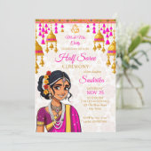 Half Saree ceremonie schattig indiase meisje goude Kaart (Staand voorkant)