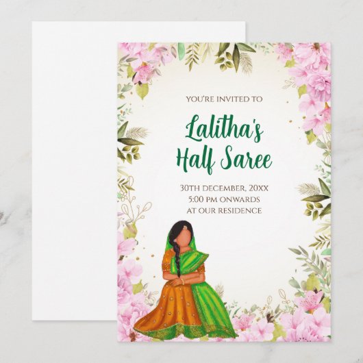 Half Saree Evite Indian Saree functie uitnodiging (Voorkant / Achterkant)