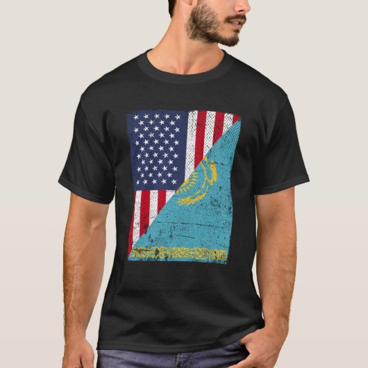 Half USA Flag Half Kazakhstan Flag American Kasach T-shirt (Voorkant)