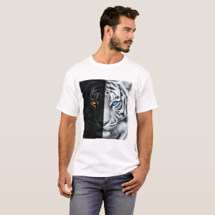 Half Zwarte Half Witte Vuur Tijger Gezicht Digital T-shirt