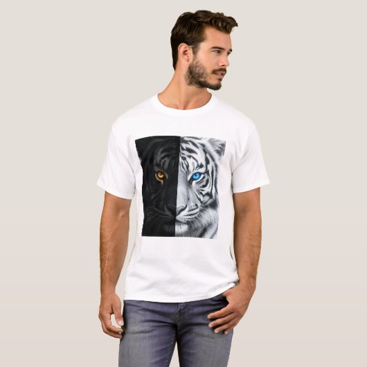 Half Zwarte Half Witte Vuur Tijger Gezicht Digital T-shirt (Voorkant volledig)