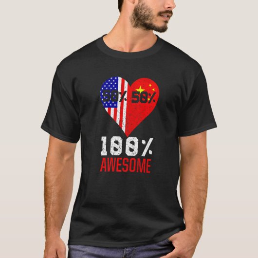 HalfAmerikaans halfChinees hart Amerikaanse vlag T-shirt (Voorkant)
