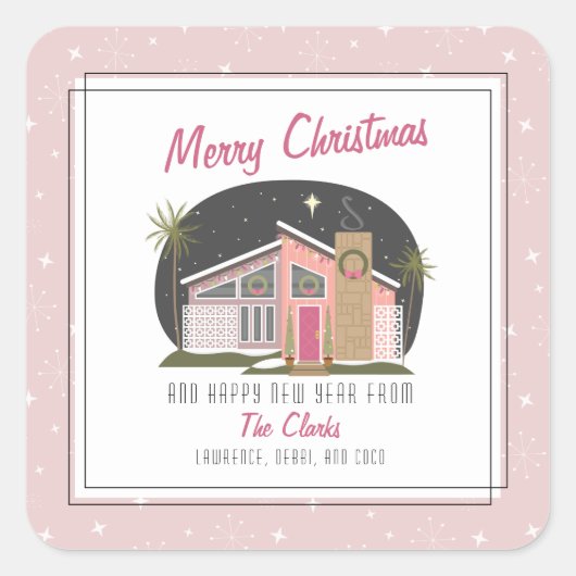 Halfeeuwse moderne roze kerst vierkante sticker (Voorkant)
