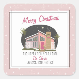 Halfeeuwse moderne roze kerst vierkante sticker
