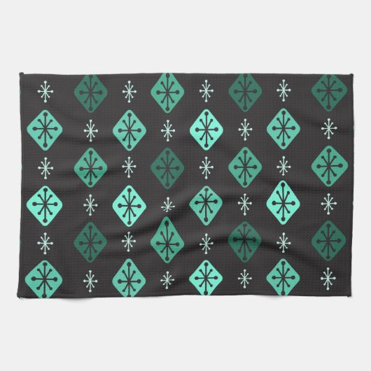 Halfeeuwse Starbursts Diamonds Black Turquoise Theedoek (Horizontaal)