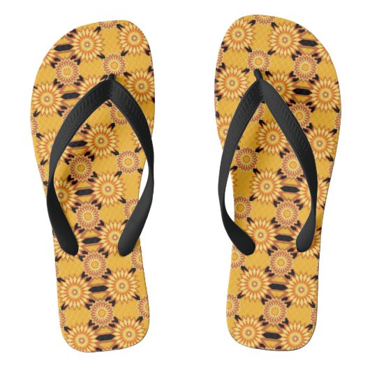 Halfgeel en zwart bloempatroon teenslippers (Voetbed)