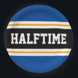 HALFTIME Blauw Zwart Wit Geel Party Stripes Papieren Bordje<br><div class="desc">Dit sportieve,  atletische ontwerp is voorzien van gedurfde HALFTIME-tekst in een gemarkeerde brede zwarte middenstreep met witte en gele racestrepen tegen diepblauwe buitenstrepen. De tekst kan gepersonaliseerd worden.</div>